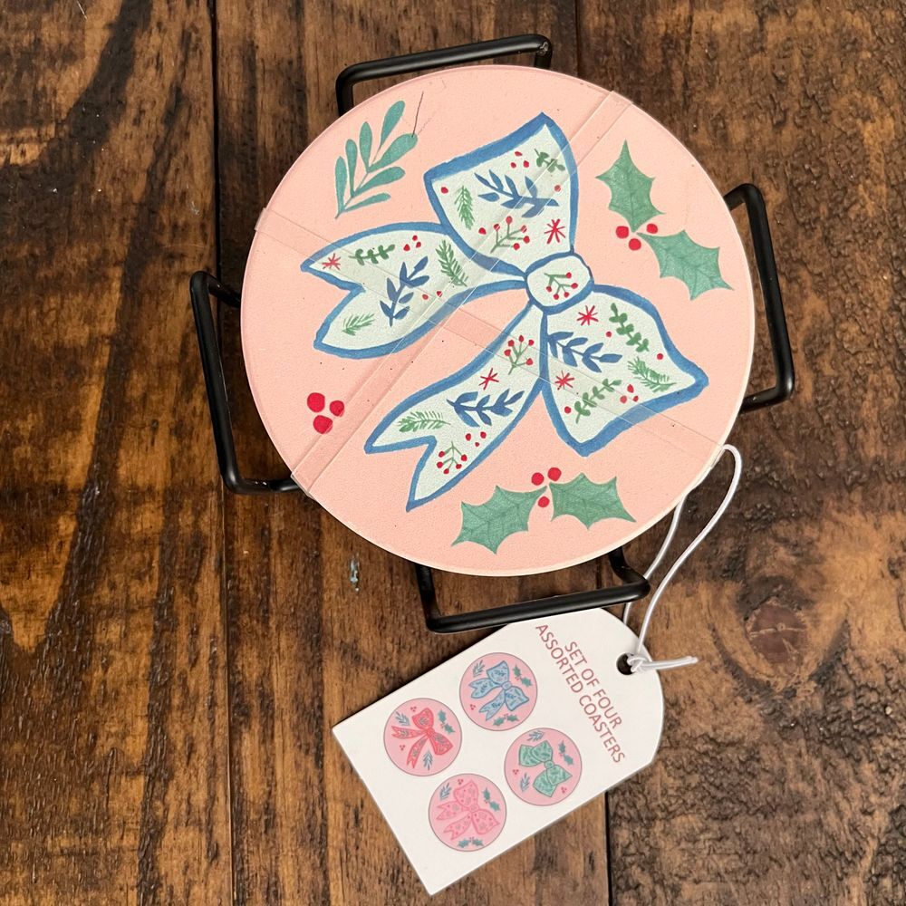 Festive Holiday Bow Cork Coaster Set with Metal Holder Christmas Home Decor‎